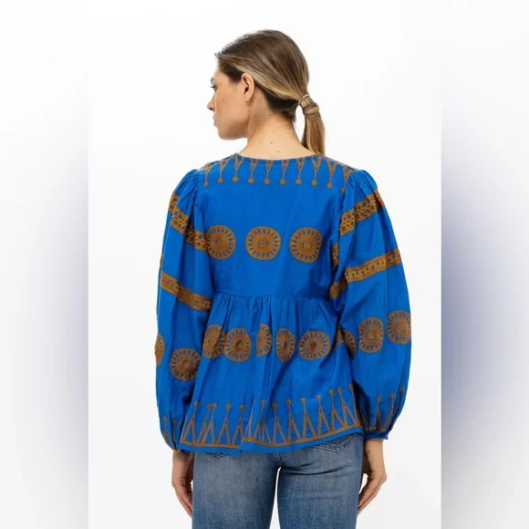 Oliphant Mandarin Balloon Sleeve Top Sz Medium Soleil Blue Cotton Boho Flowy - Picture 3 of 9